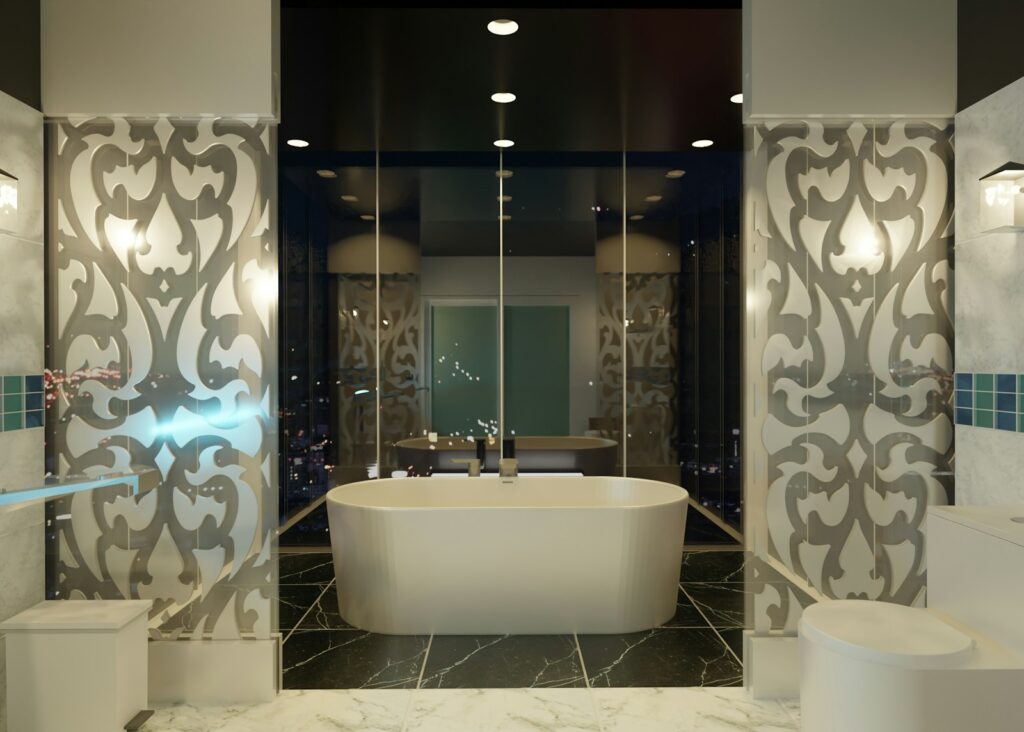 A bathroom with a tub, toilet and sink